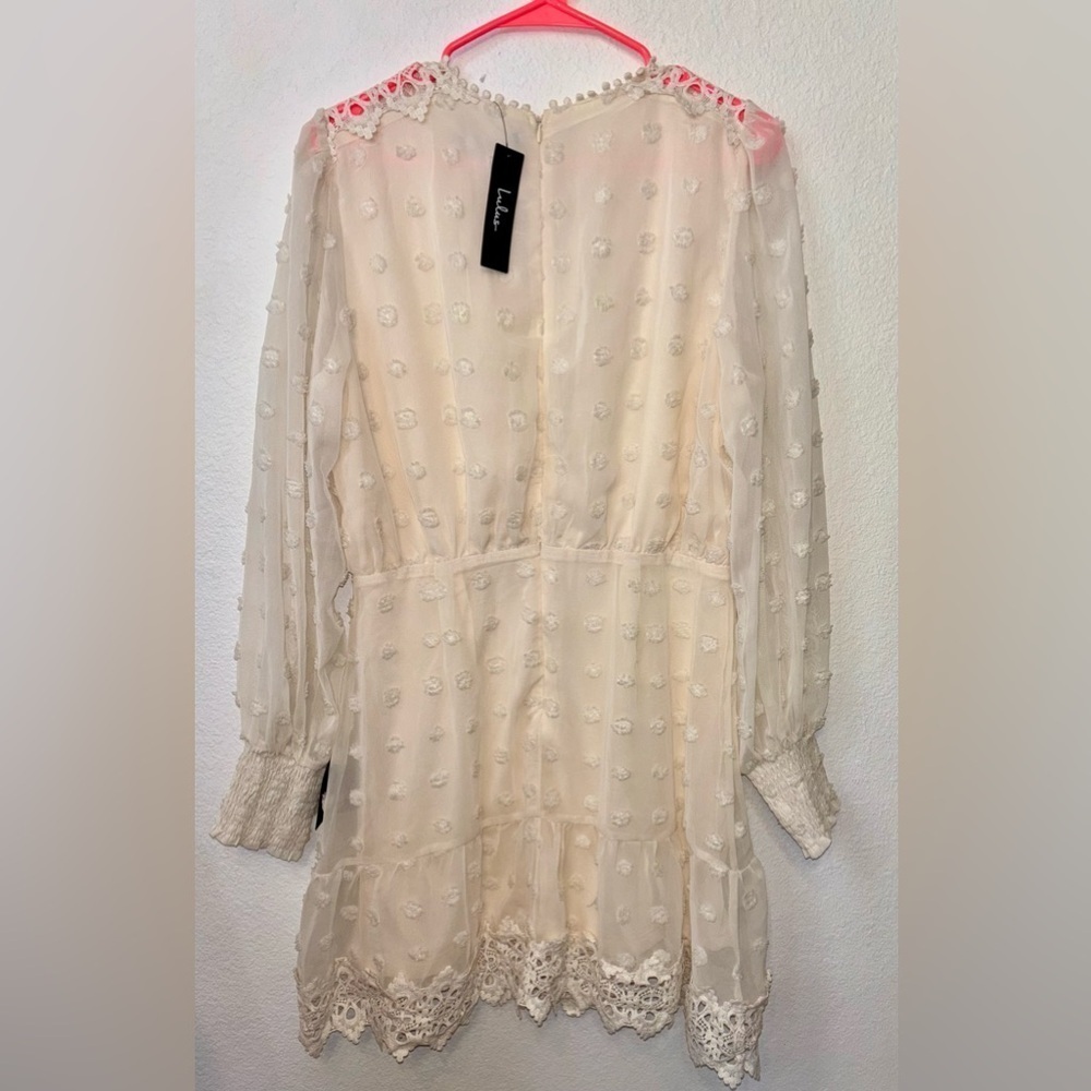 NEW Lulus Cream Embroidered Lace Boho Scandi Girl Chic XL Chiffon Dress lined - Picture 10 of 14